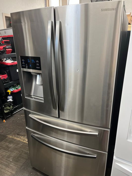 ^ Item: #RF61K Samsung four door refrigerator stainless steel w/water ice dispenser 36 in