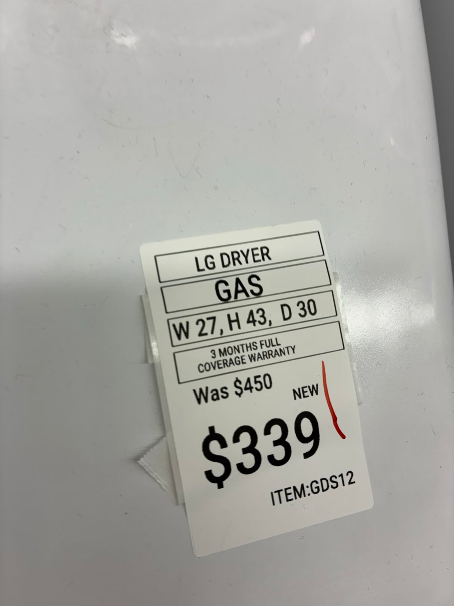 LG gas dryer 27” large capacity white