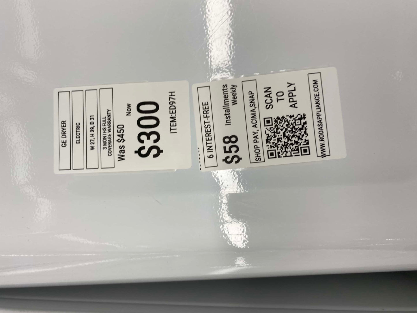 ITEM: #ED97H GE electric dryer commercial quality 27” in