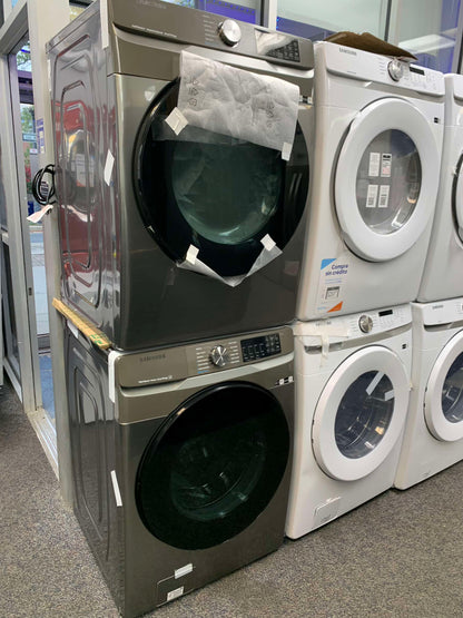 ★ Samsung Open Box 4.5 cu. ft. Smart High-Efficiency Front Load Washer with Super Speed  & 7.5 cu. ft. Smart Stackable Vented GAS Dryer with Steam Sanitize+ in champagne 27 in WD739