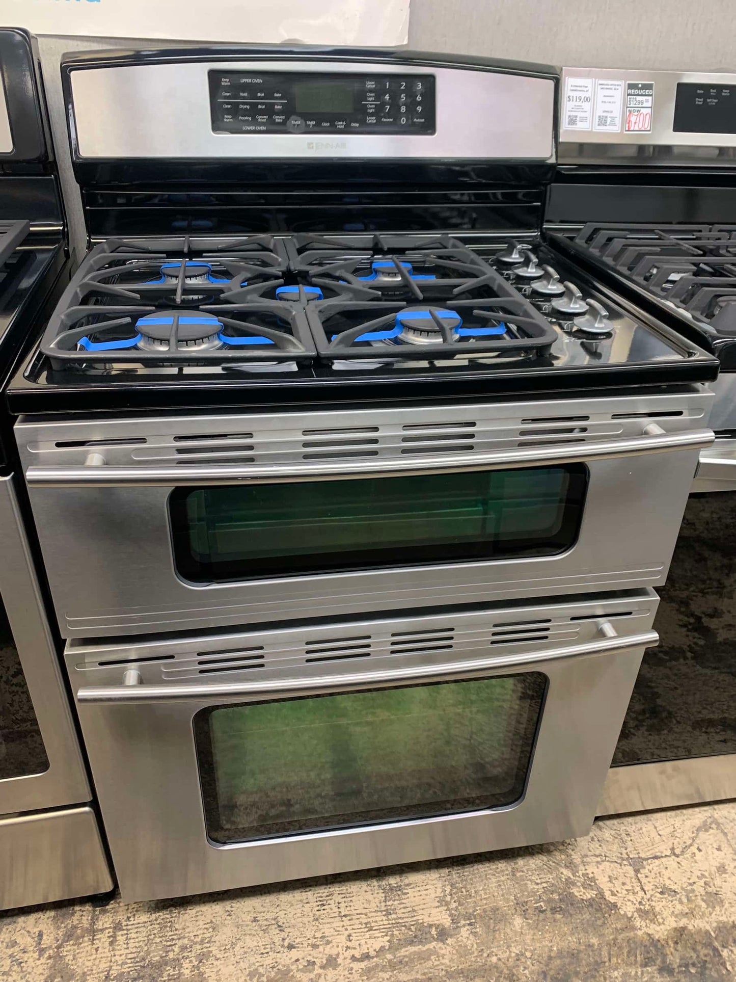JENN-AIR dual fuel Gas top range 5 burner stainless steel   electric double oven convection broil 220v 30 in so