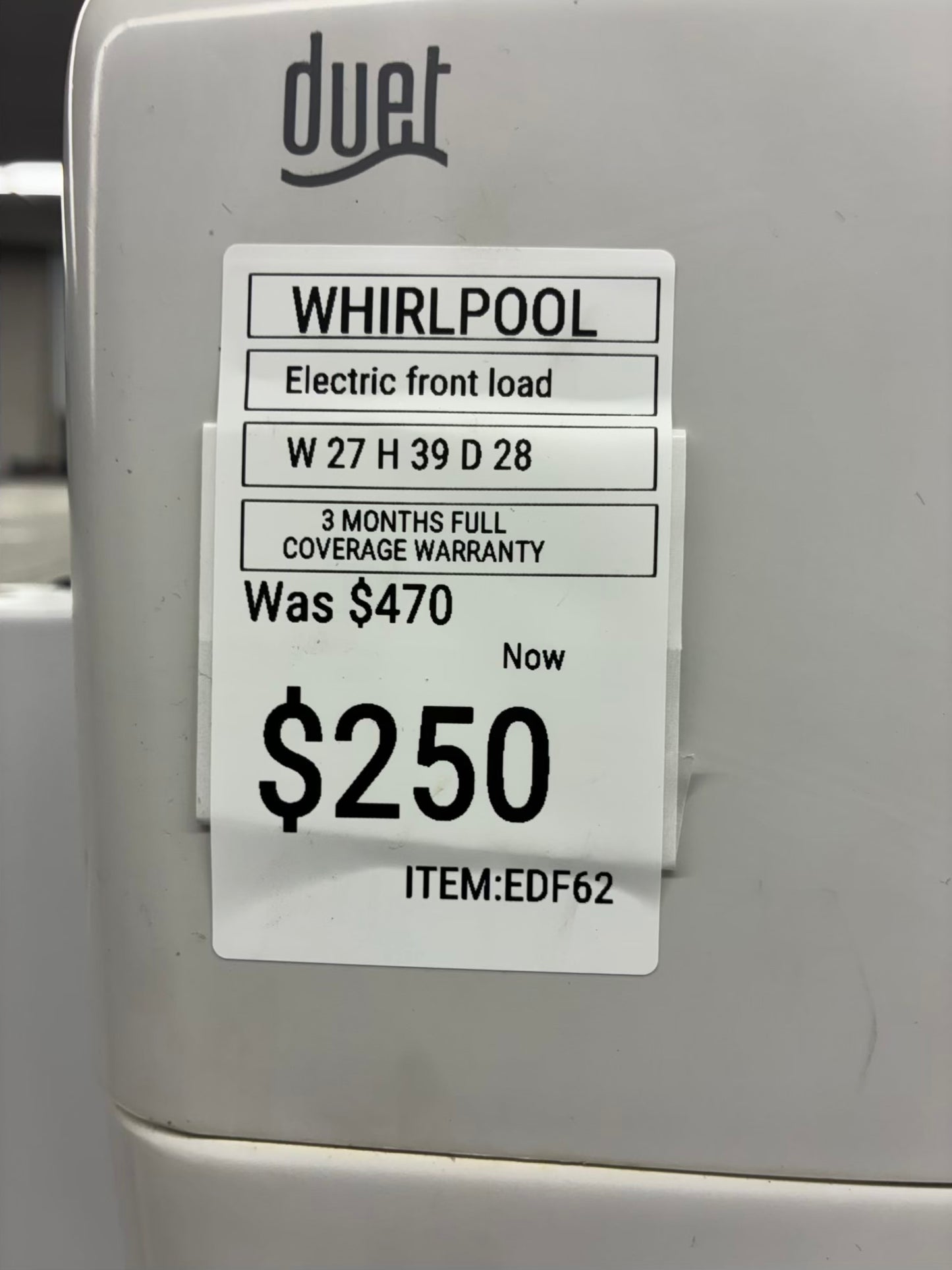 Whirlpool Electric Dryer 27” white front load