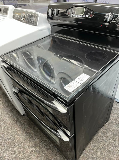 ^ ITEM #ER83B Maytag double oven  electric black  range 4 burner 30 inch