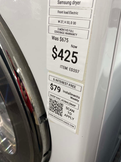 ITEM: #ED207 Samsung front load electric dryer 220v large capacity stackable 27” w/pedestal