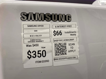 ITEM #GD39D Samsung GAS dryer largue capacity Stainless steel drum color white 27”