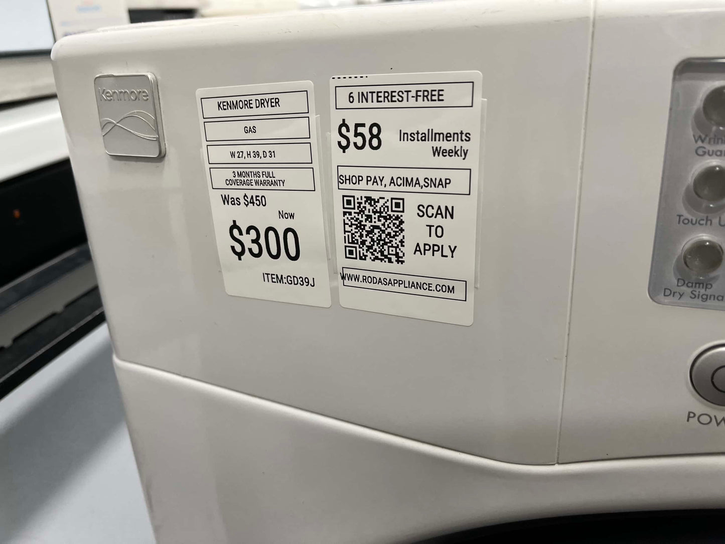 - ITEM #GD39J Kenmore GAS dryer large capacity stainless steel drum 27”
