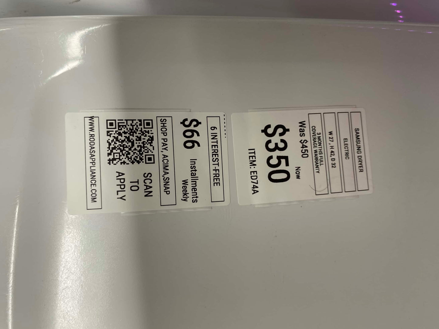 ITEM: ED74A Samsung electric dryer large capacity side x side 29 in