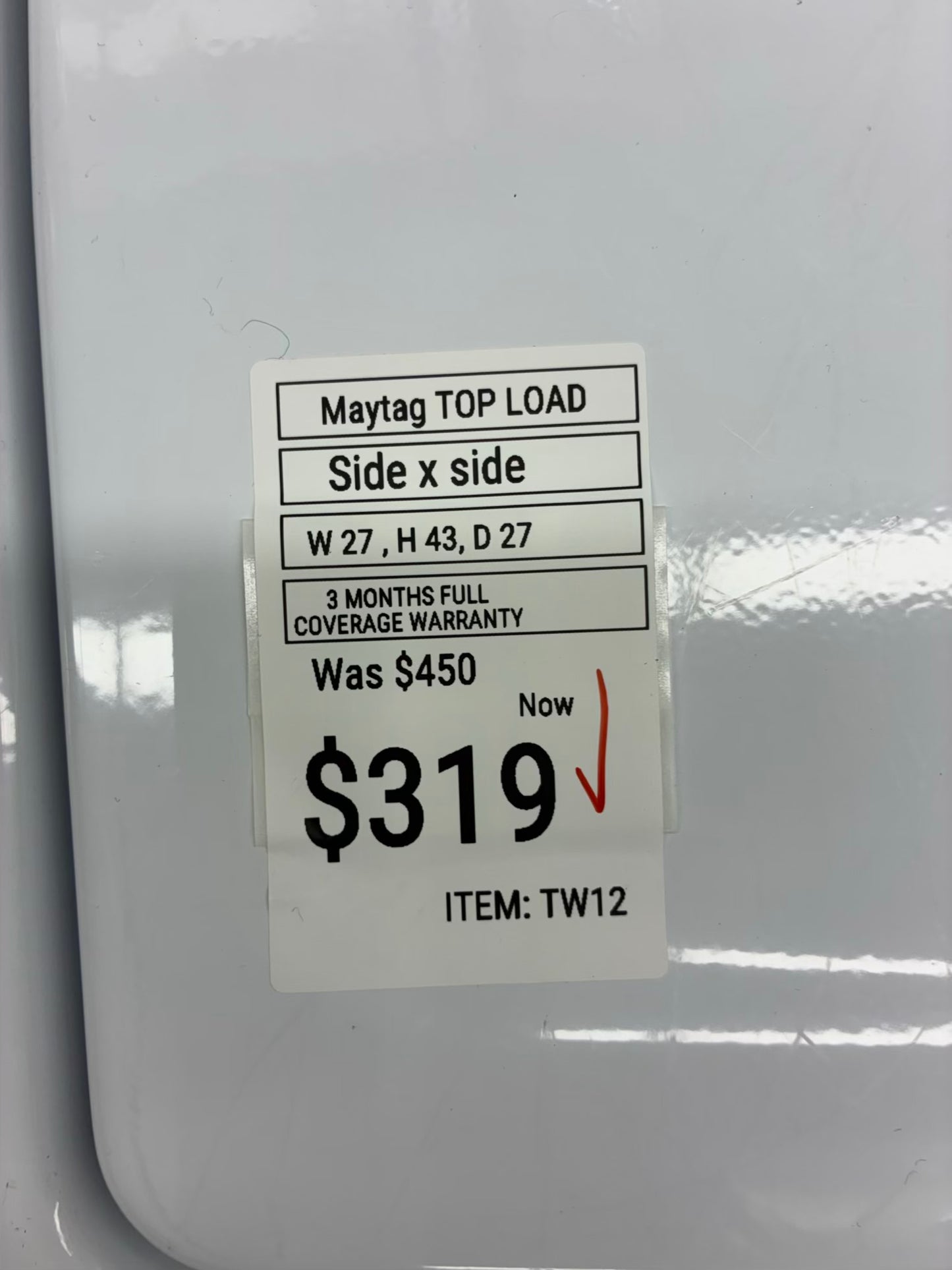 Maytag top load large capacity white 27”