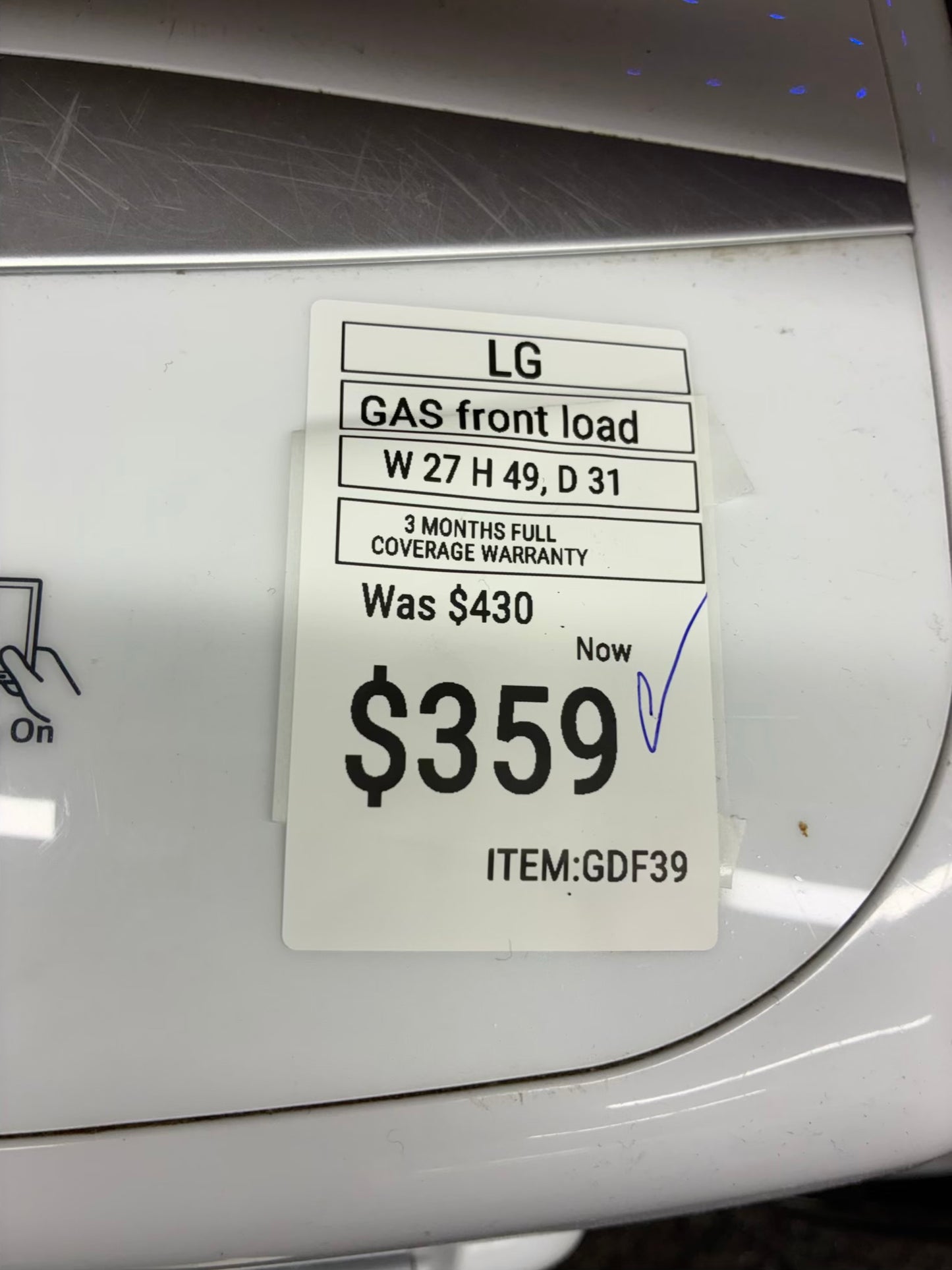 LG gas dryer 27” large capacity white