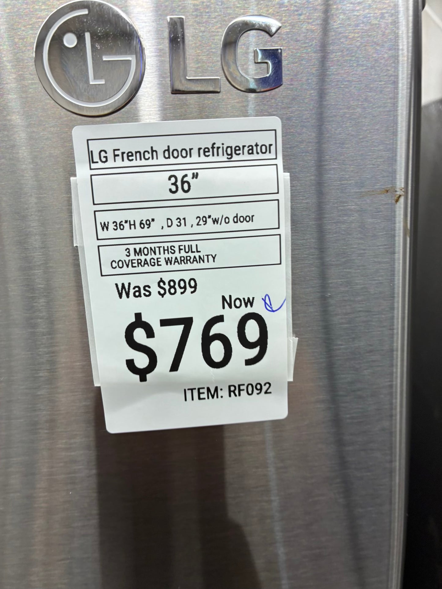 LG French door refrigerator stainless steel 36” ice maker water dispenser