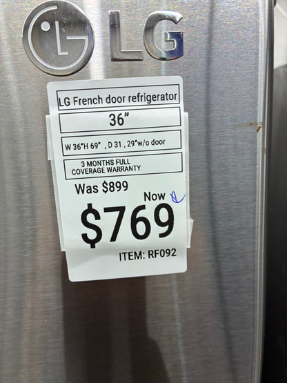 LG French door refrigerator stainless steel 36” ice maker water dispenser