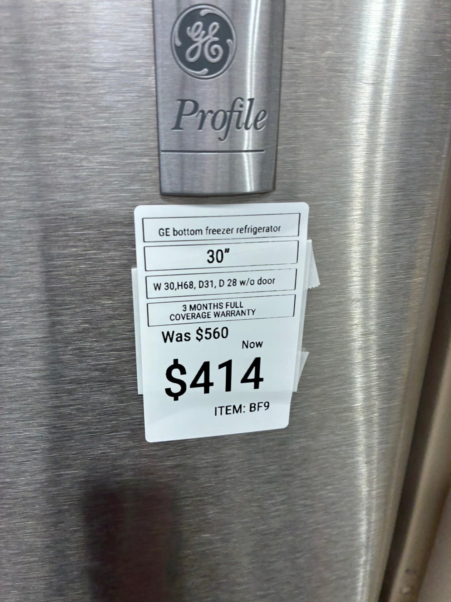 GE bottom freezer 30” Stainless steel