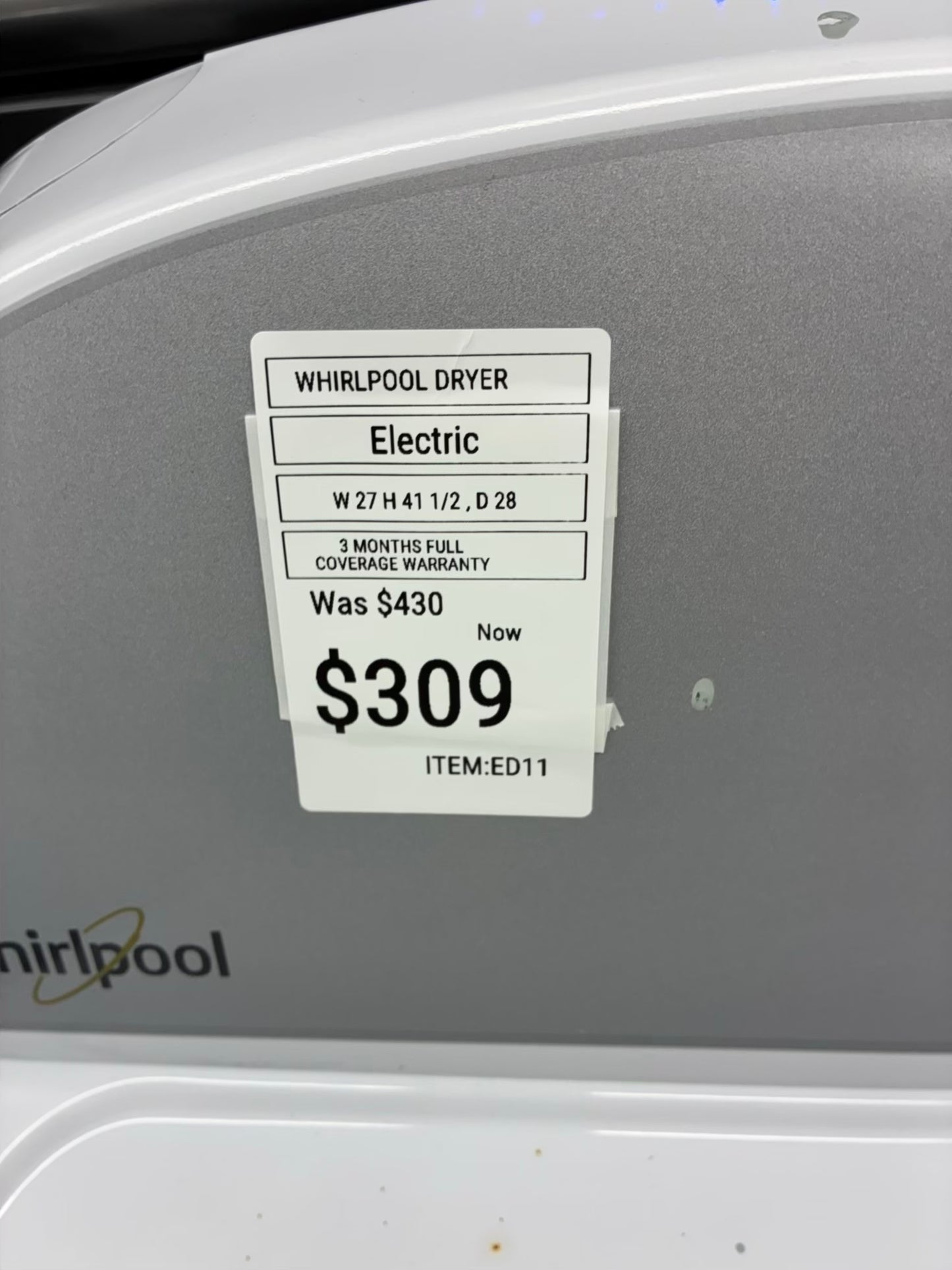 Whirlpool electric dryer 27” large capacity