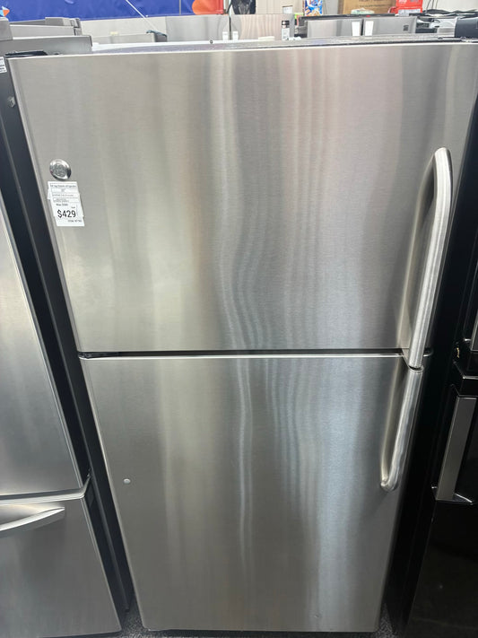 GE top freezer refrigerator stainless steel 30”