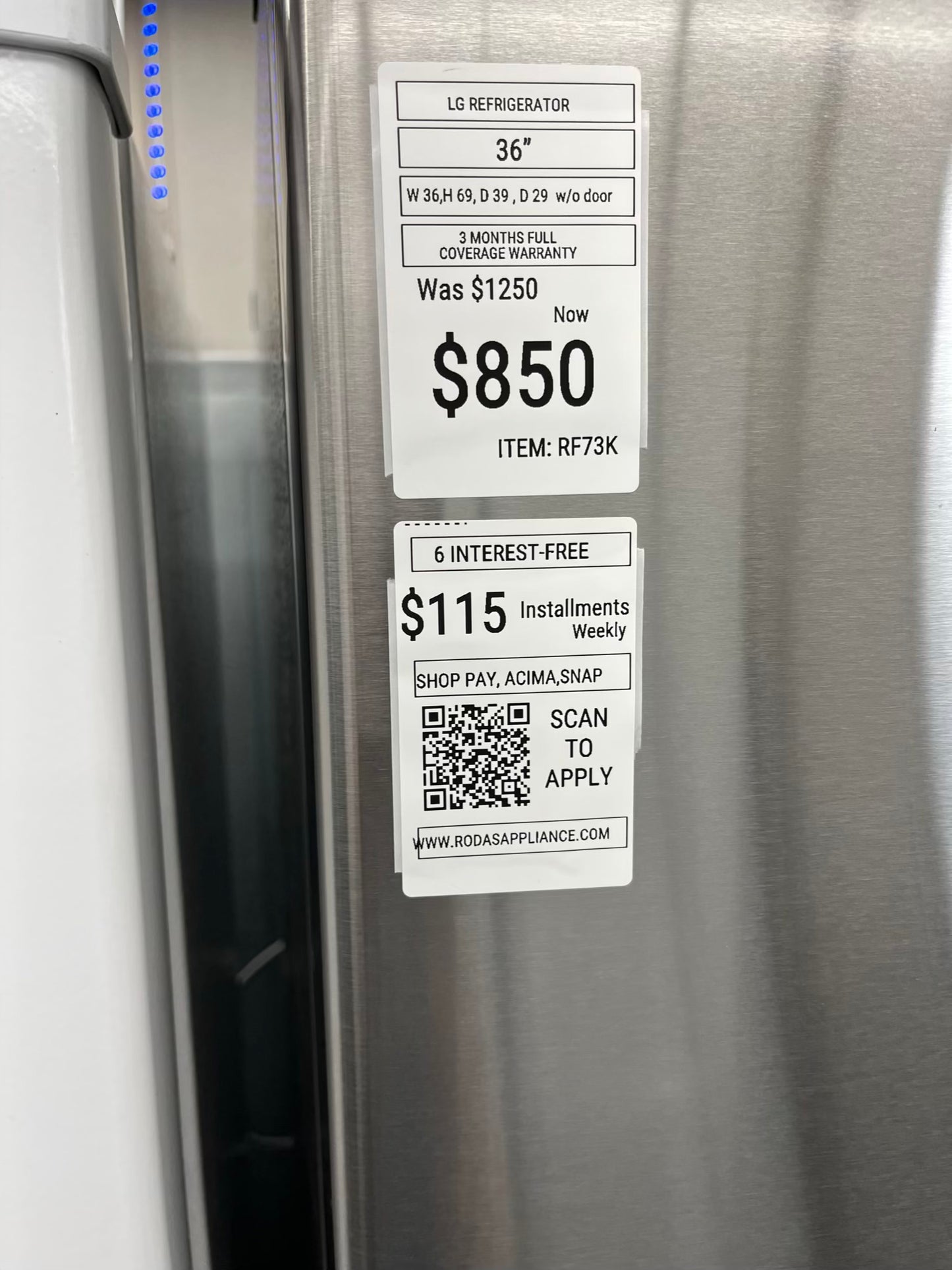 - ITEM: #RF73k LG french door refrigerator stainless steel 36” with water dispenser and ice maker inside