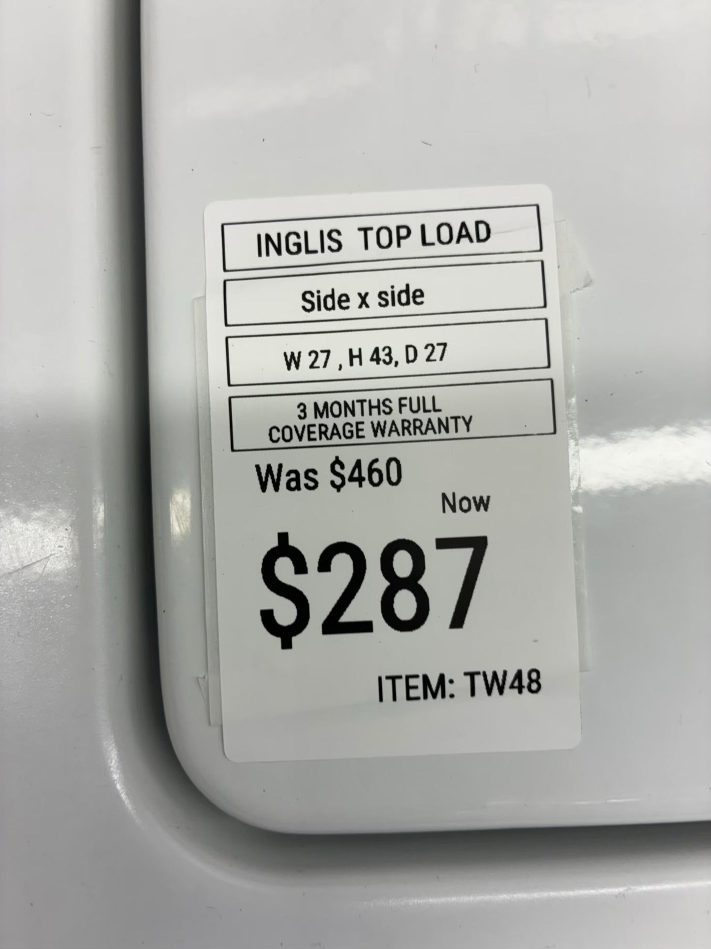 INGLIS top load washer  large capacity side x side 27”