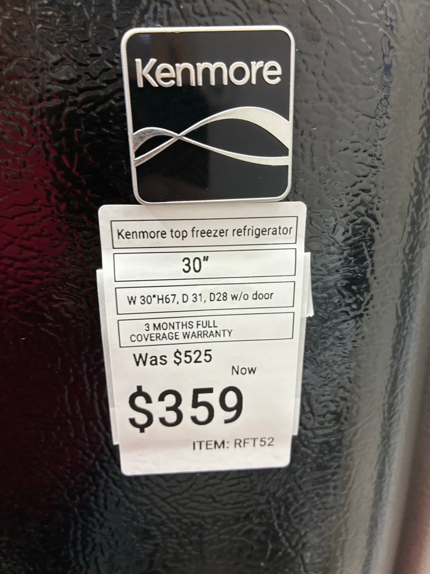 Kenmore Top Freezer Refrigerator 30” black