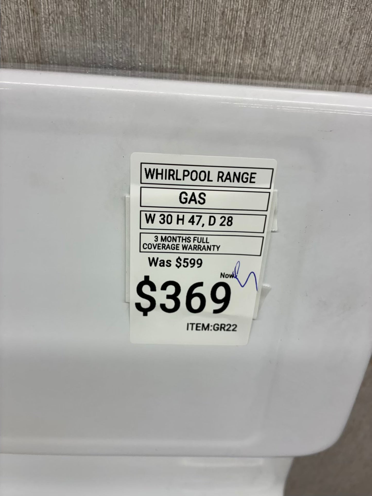 Whirlpool Gas Range white color  4 Burners 30”