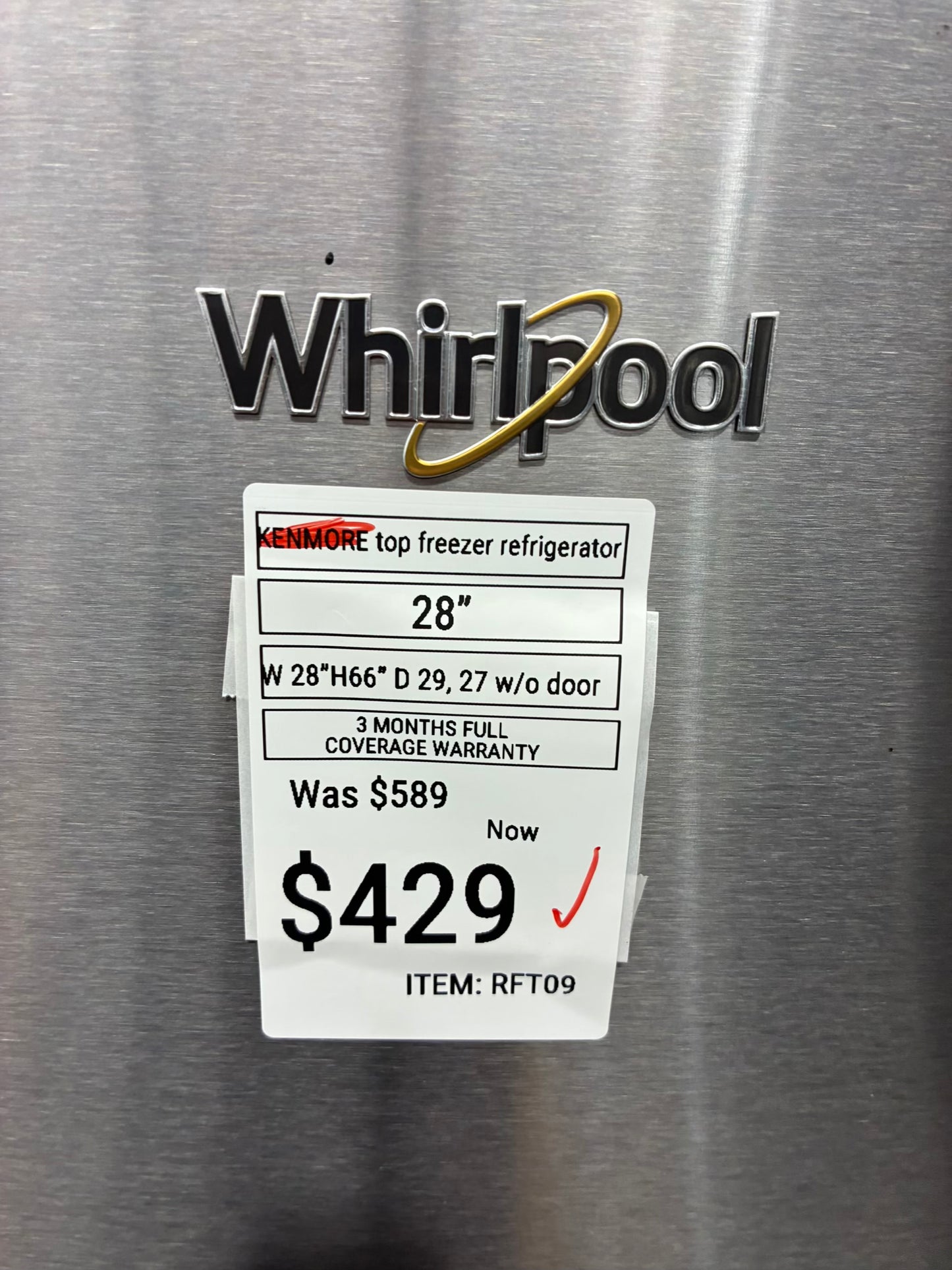 Whirlpool top freezer refrigerator stainless steel 28”