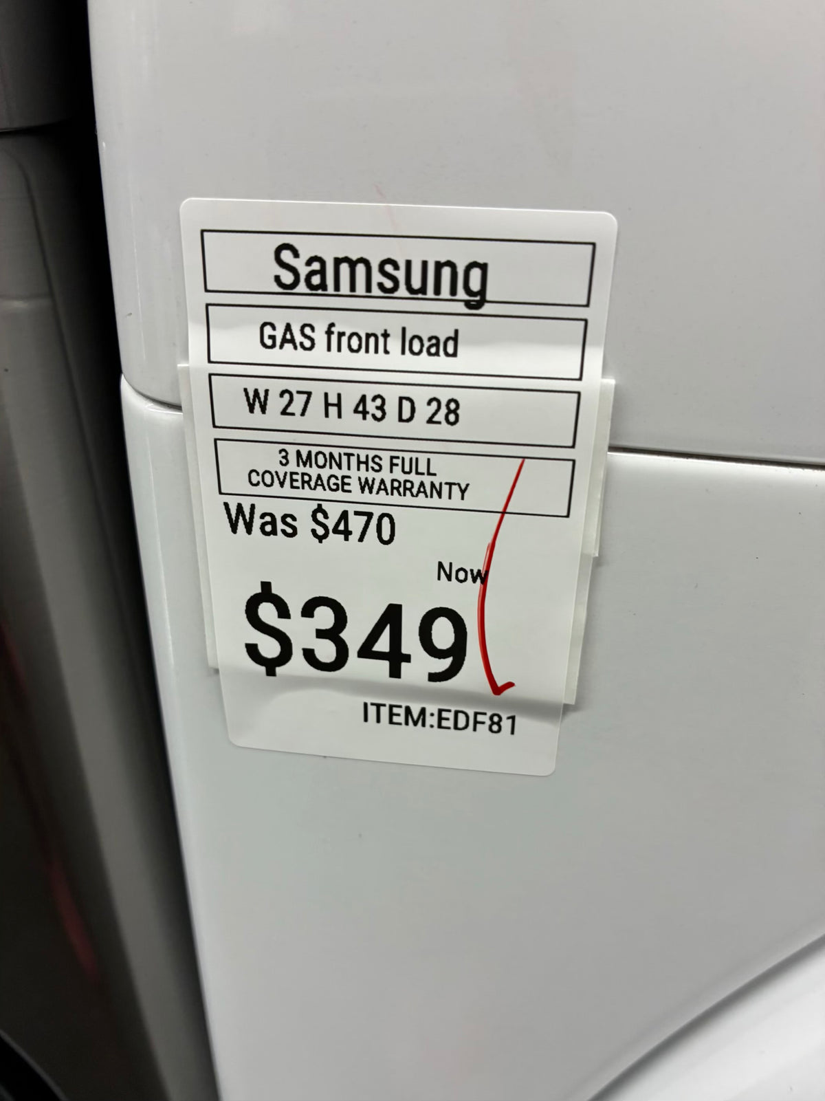 SAMSUMG gas dryer 27” large capacity white