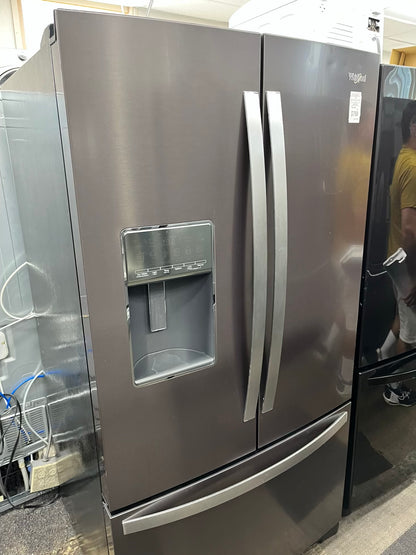 ^ Item: #RF74F Whirlpool french door refrigerator slate stainless steel w/ ice and water dispenser 36” in