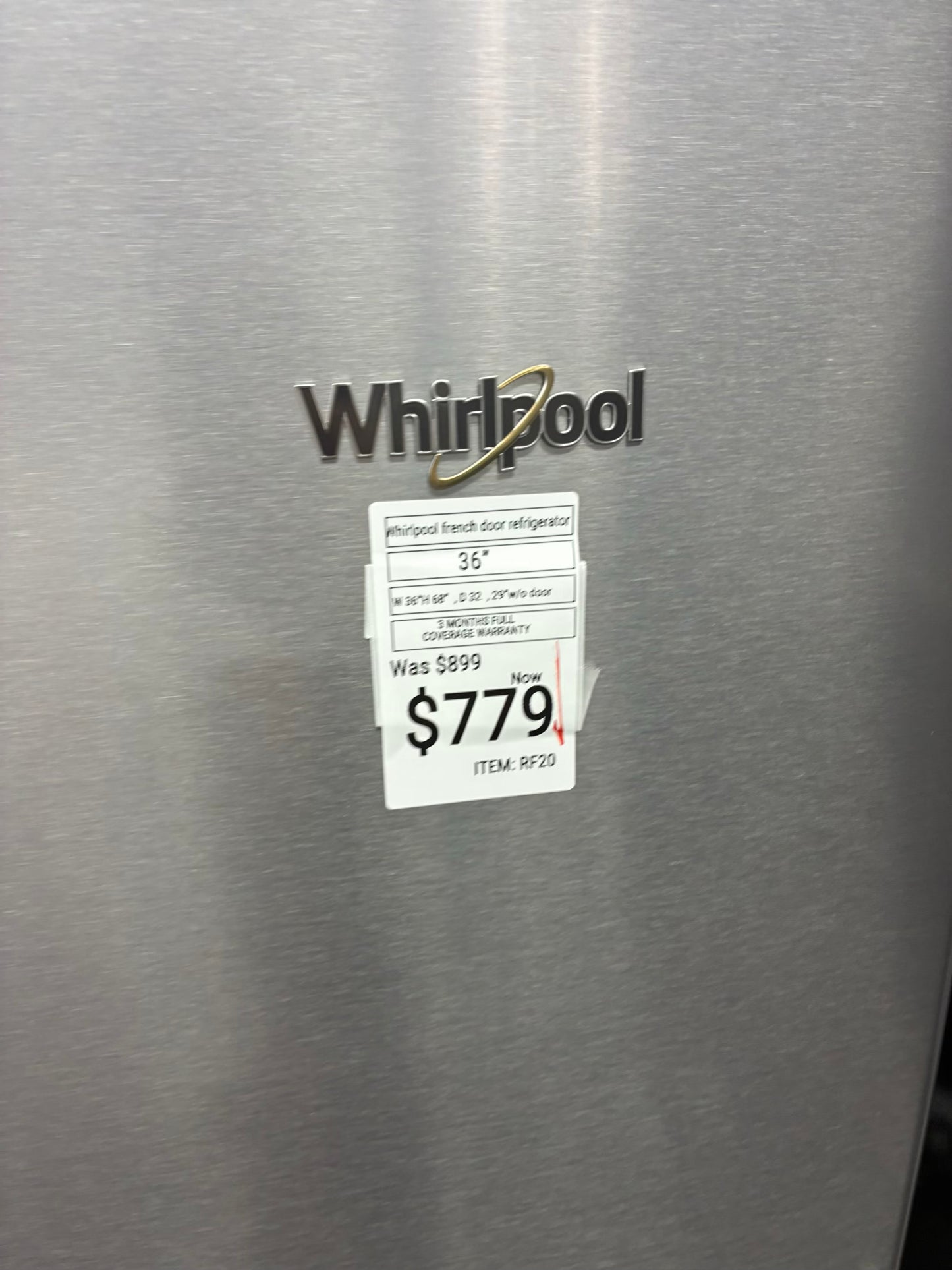 Whirlpool French door refrigerator stale stainless steel 36” ice maker water dispenser