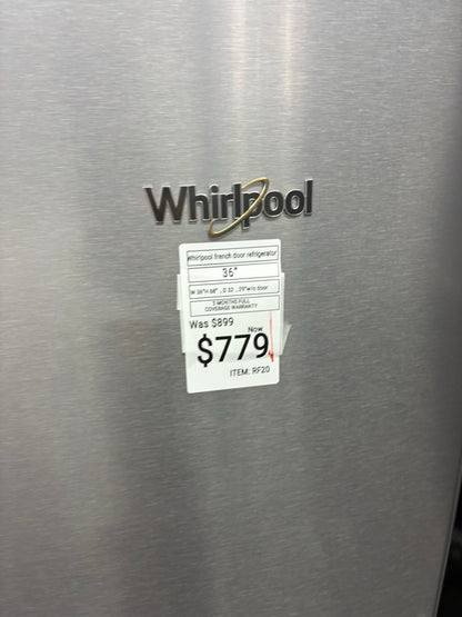 Whirlpool French door refrigerator stale stainless steel 36” ice maker water dispenser