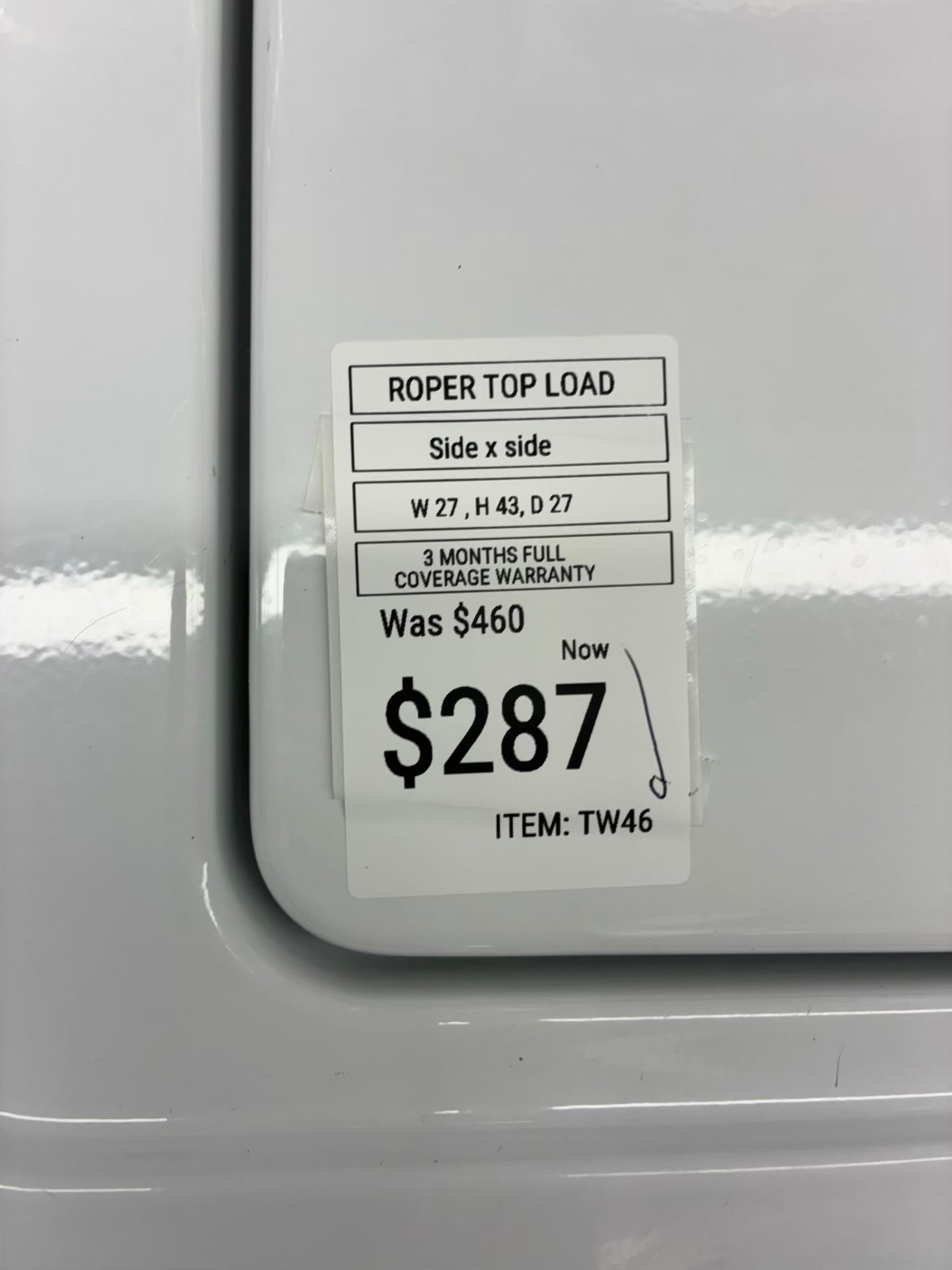 ROPER top load washer  large capacity side x side 27”