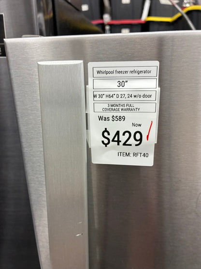 Whirlpool top freezer refrigerator white 30”