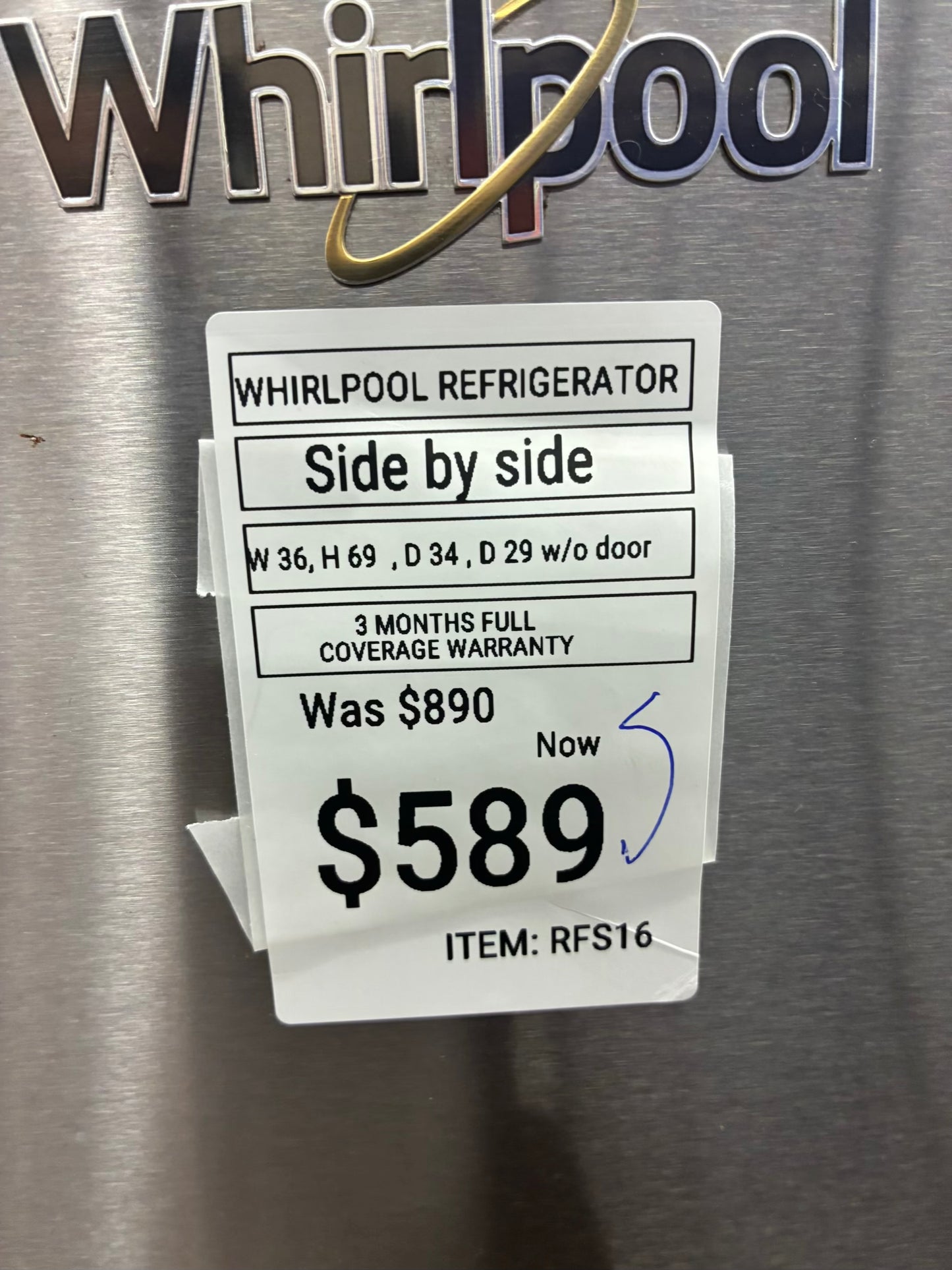 Whirlpool side by side refrigerator stainless steel 36” ice maker water dispenser ice maker