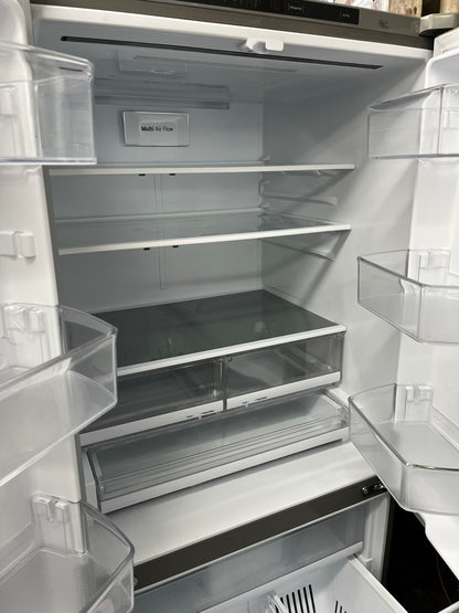 ^ Item #RF41E LG french door refrigerator counter depth stainless steel w/ ice and water dispenser inside 36’ in
