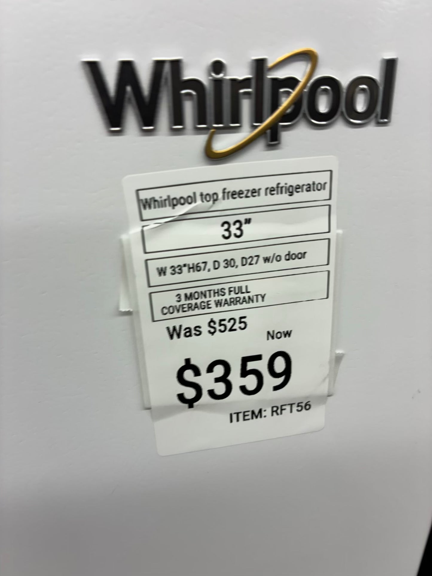 Whirlpool Top Freezer Refrigerator 33” white
