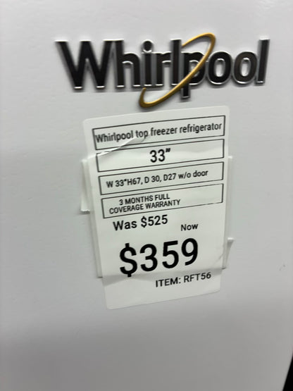 Whirlpool Top Freezer Refrigerator 33” white
