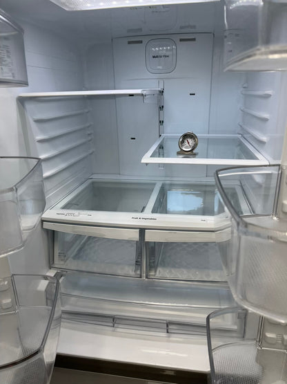 ^ Item #RF38W LG french door refrigerator stainless steel w/ ice  dispenser inside 30” in