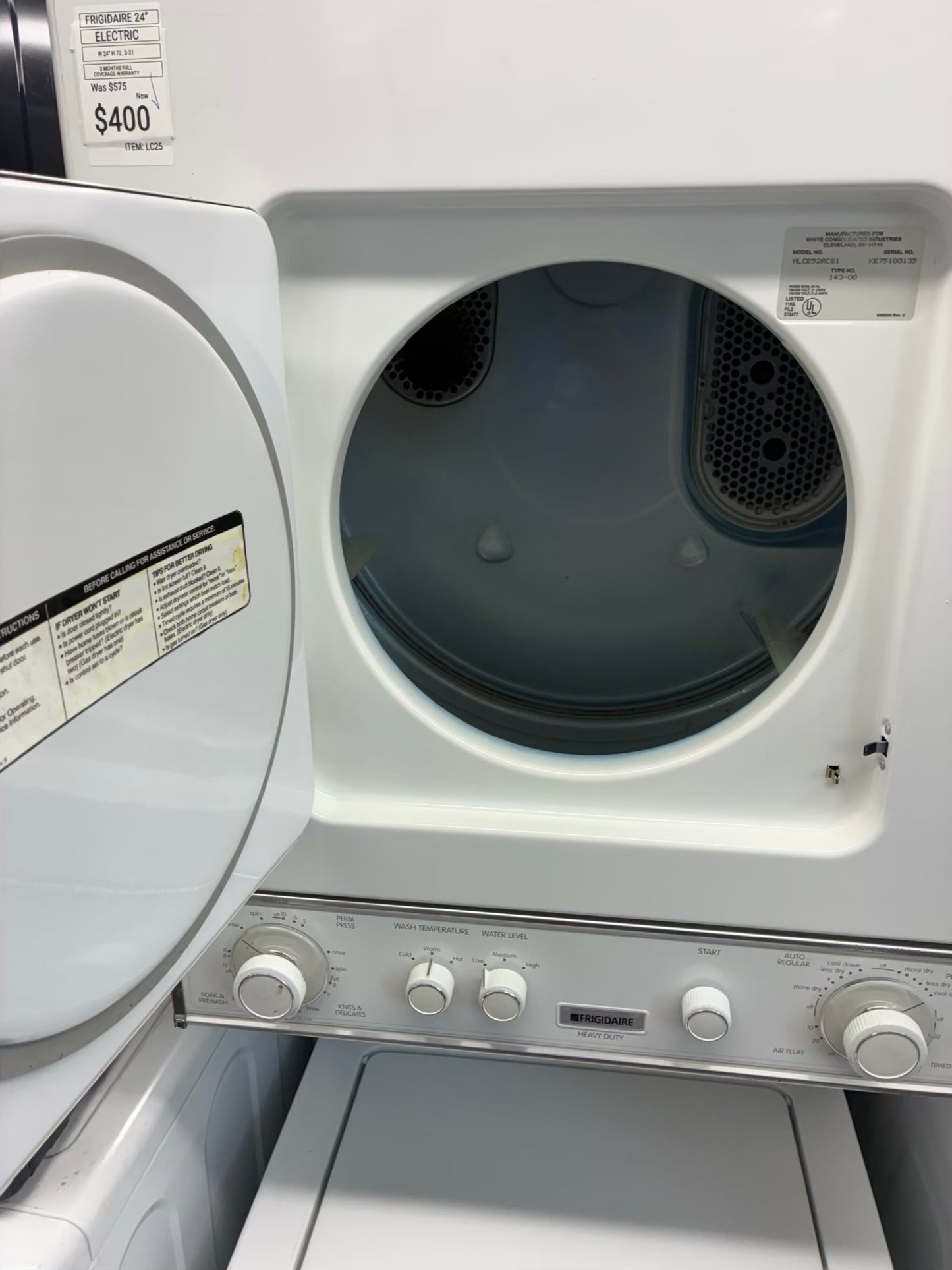 Frigidaire laundry center  washer and dryer set electric stackable 24”