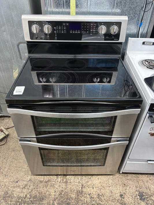 Whirlpool electric white  range 5 burner 30 inch stainless  steel double oven