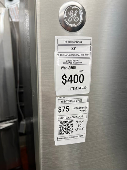 ITEM: #RF94D GE top freezer stainless steel  refrigerator  33” in
