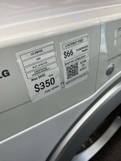 ^ ITEM #ED93H  LG  gas dryer Side x Side 27”
