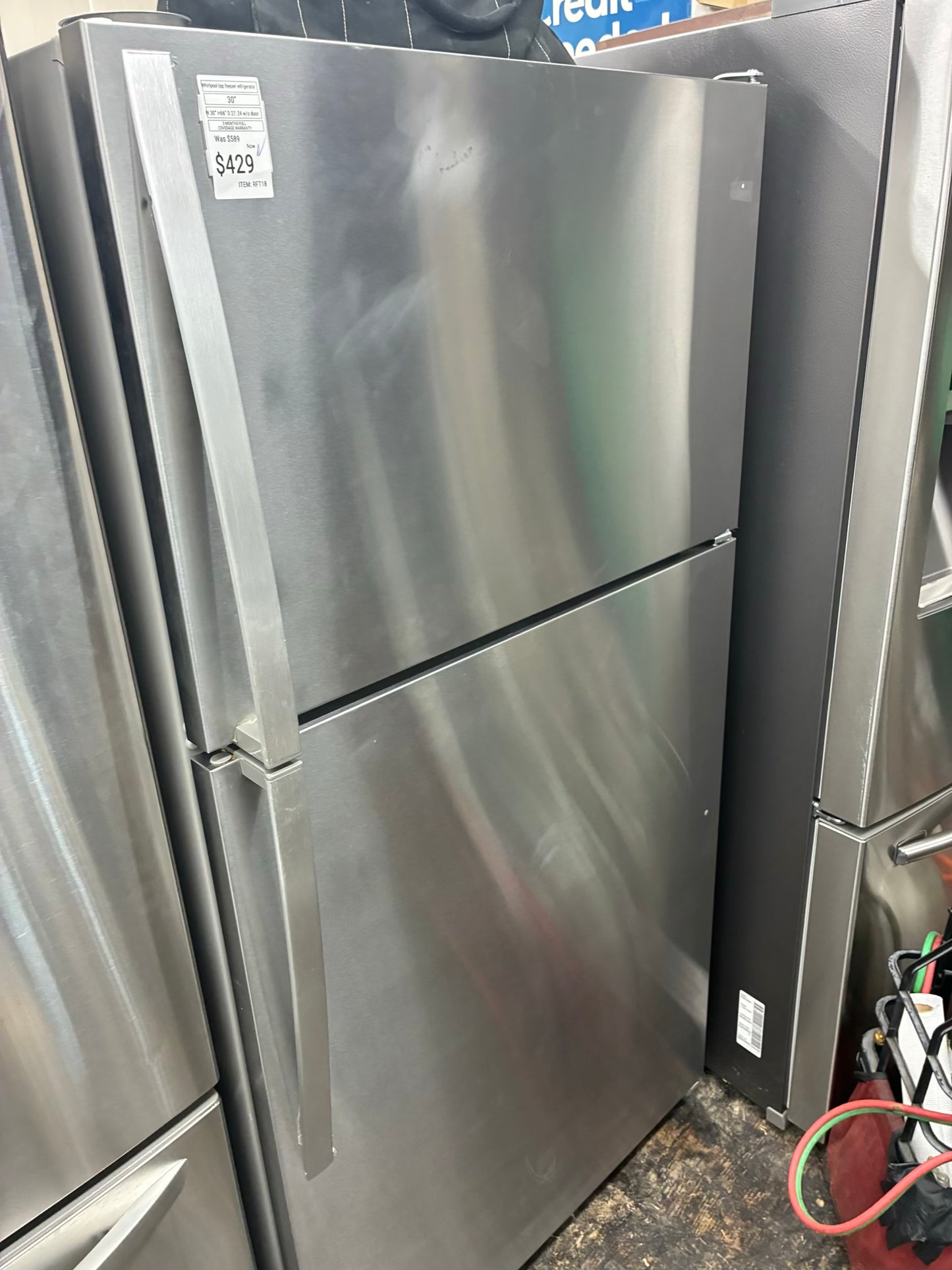Whirlpool  top freezer refrigerator stainless steel 30”
