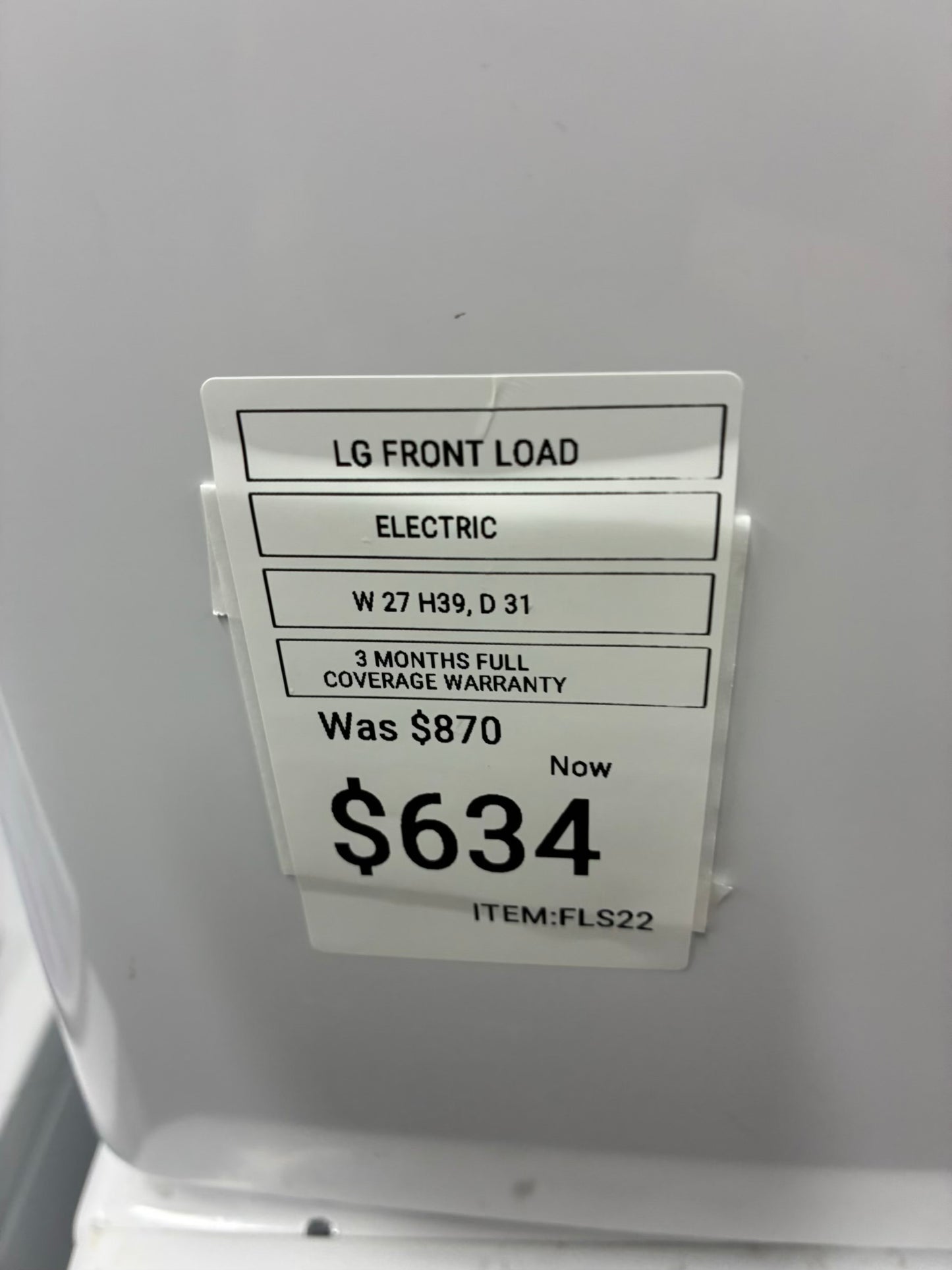 LG WASHER N DRYER FRONT LOAD ELECTRIC 27”