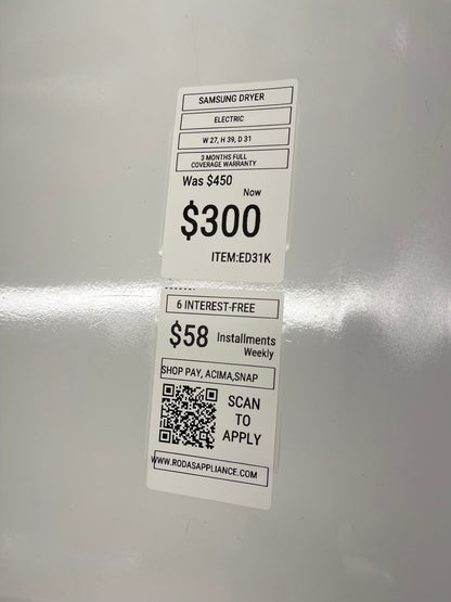 ^ ITEM: #ED31K Samsung electric dryer 27” large capacity