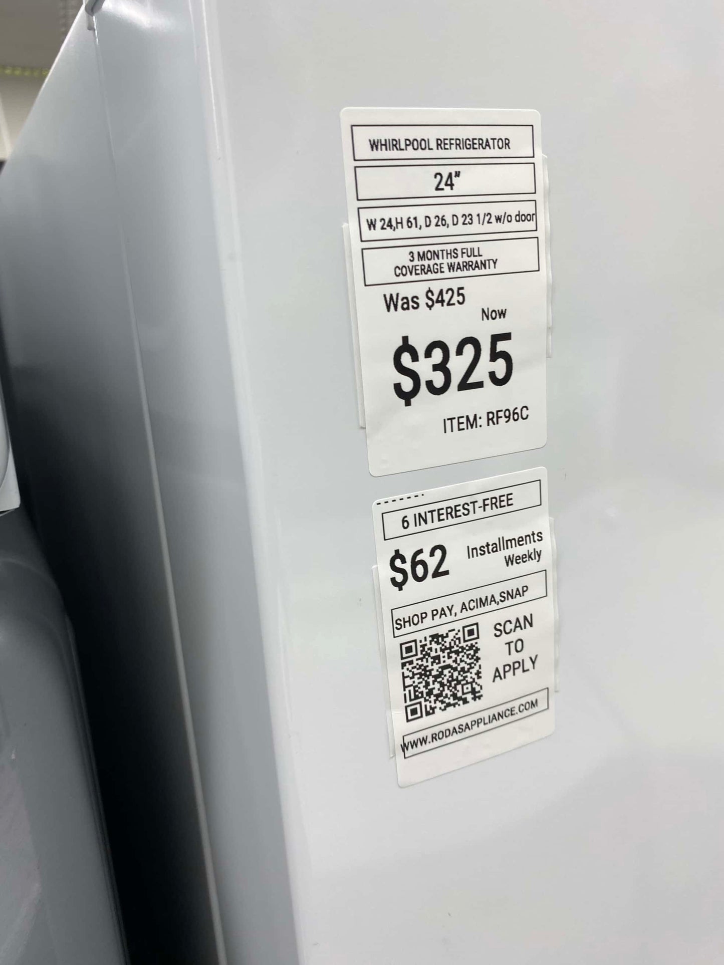 - ITEM: #RF96C Whirlpool top freezer white refrigerator  24 inc