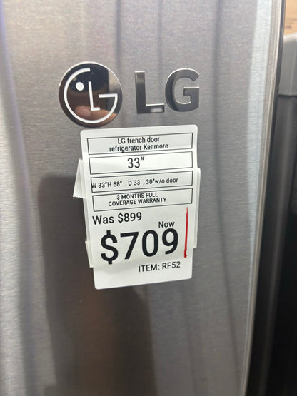 LG  French door refrigerator stale stainless steel 33” water dispenser