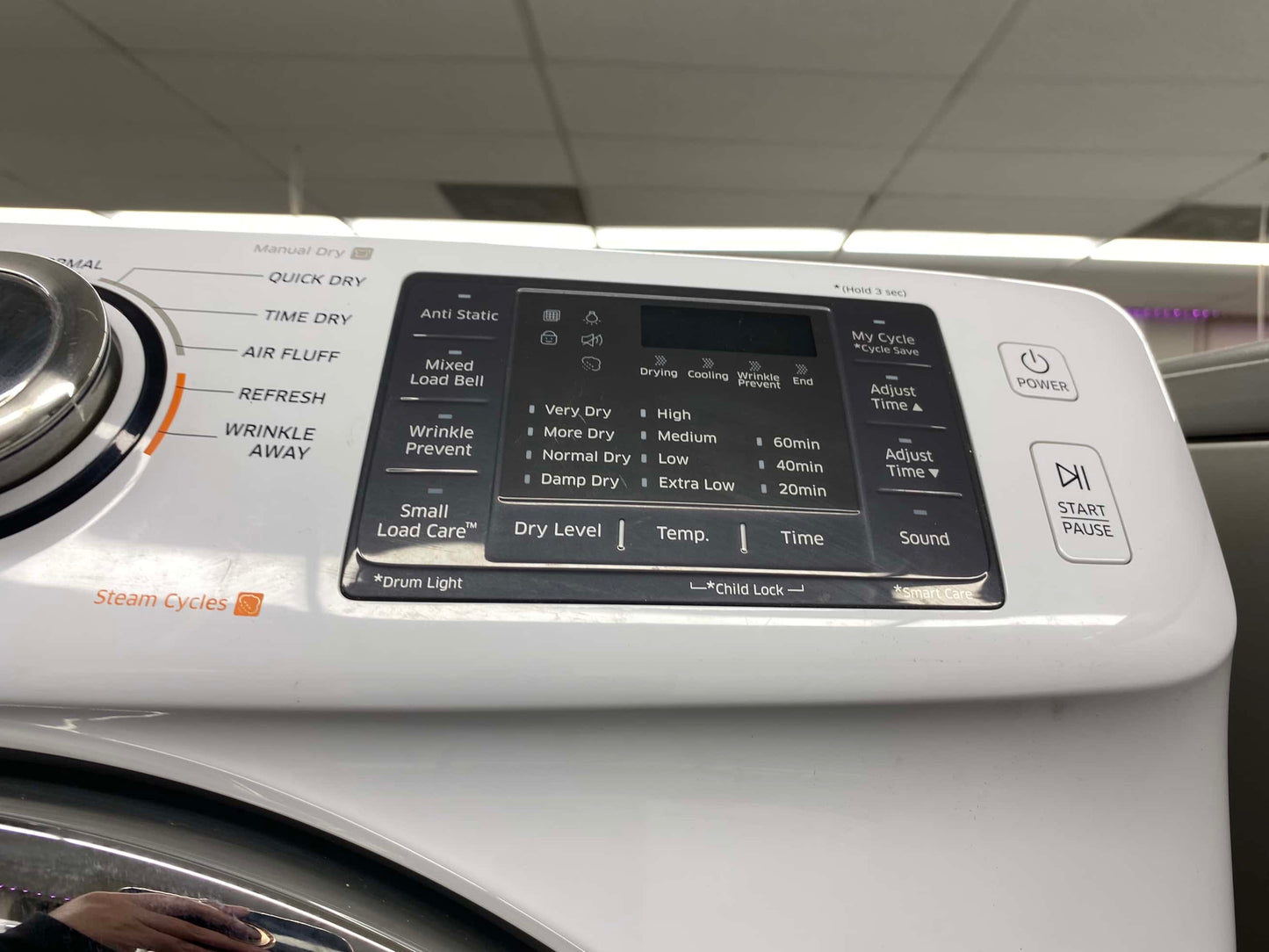 Item: #W19Y Samsung high efficiency and electric dryer stainless steel drum front load ,stackable or side by side 27”