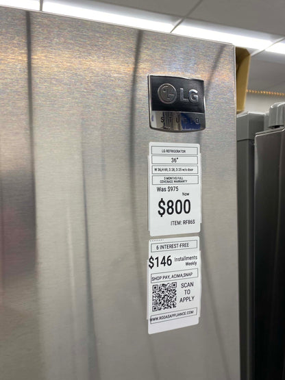 - Item: #RF86F  LG French door refrigerator stainless steel w/water ice dispenser 36 in.