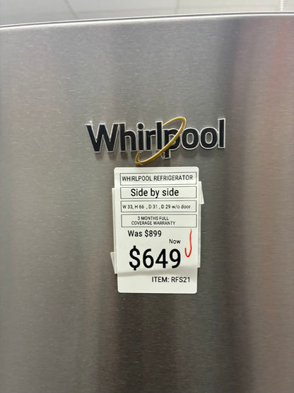 Whirlpool side by side refrigerator stainless steel 33” ice maker water dispenser