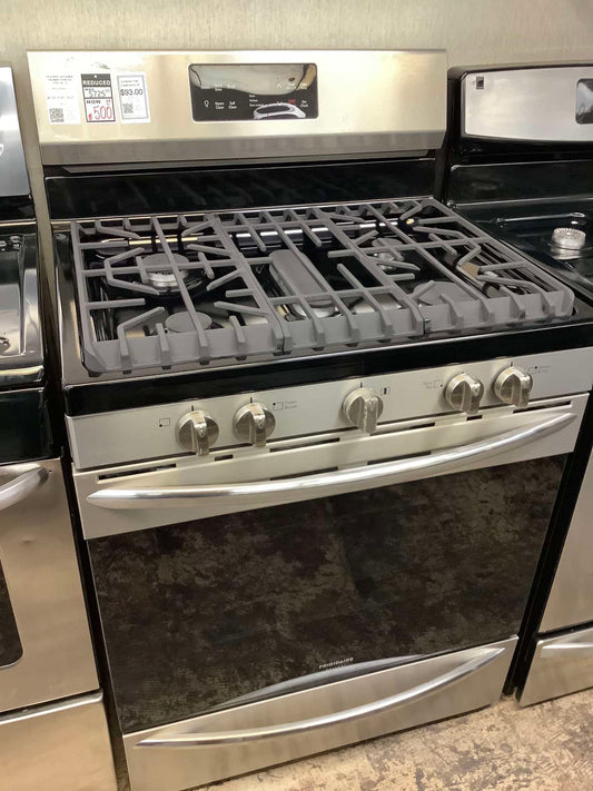 Frigidaire gas range double oven stainless steel 5 burner bake broil convection 30 in