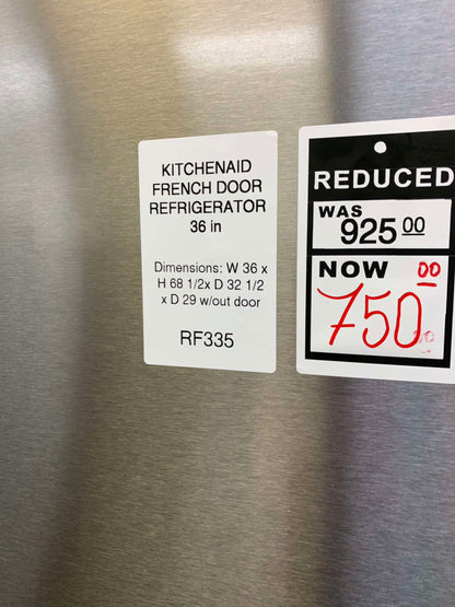 - KitchenAid French door refrigerator stainless steel w/water ice dispenser 36 in RF335