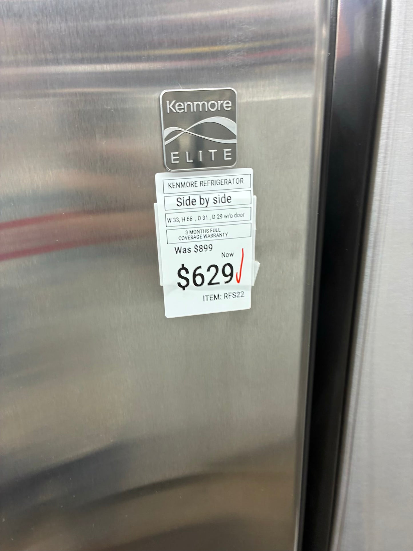 Kenmore side by side refrigerator stainless steel 33” ice maker water dispenser