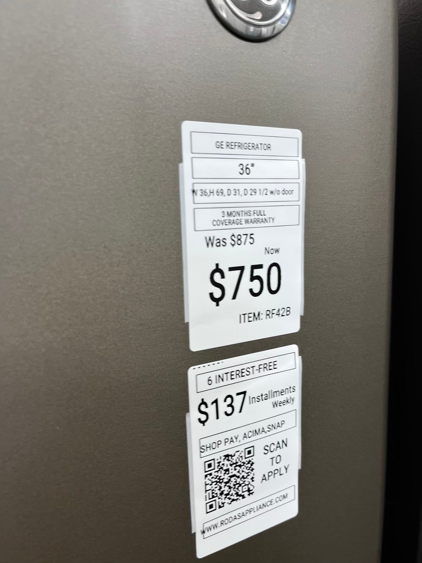 ^ Item: #RF42B GE french door refrigerator slate stainless steel w/ ice and water dispenser 36” in